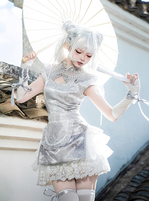 Silver Moon Series Y2K Chinoiserie Futuristic Chic Lustrous Short Cheongsam Sweet Lolita Sleeveless Dress Shorts Set