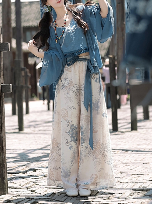 Chinoiserie Zen Tibetan Style Modified Hanfu Blue Camisole Song Pants Coat With Pull-Up Sleeves Necklace Set