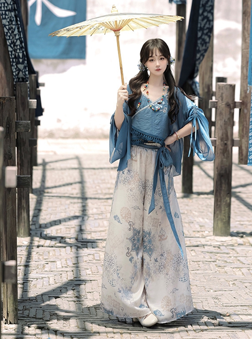 Chinoiserie Zen Tibetan Style Modified Hanfu Blue Camisole Song Pants Coat With Pull-Up Sleeves Necklace Set