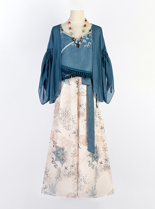 Chinoiserie Zen Tibetan Style Modified Hanfu Blue Camisole Song Pants Coat With Pull-Up Sleeves Necklace Set