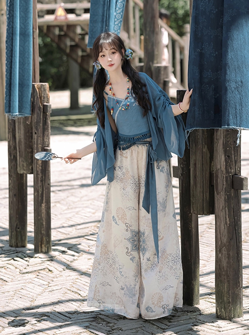 Chinoiserie Zen Tibetan Style Modified Hanfu Blue Camisole Song Pants Coat With Pull-Up Sleeves Necklace Set