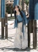 Chinoiserie Zen Tibetan Style Modified Hanfu Blue Camisole Song Pants Coat With Pull-Up Sleeves Necklace Set