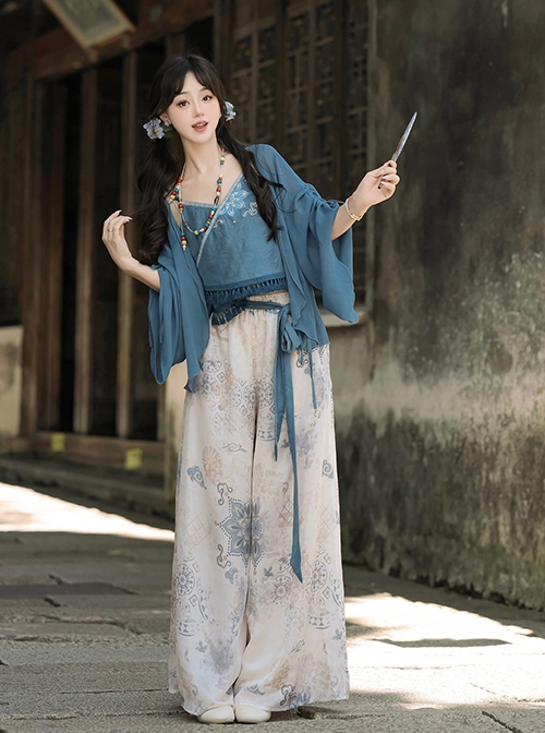 Chinoiserie Zen Tibetan Style Modified Hanfu Blue Camisole Song Pants Coat With Pull-Up Sleeves Necklace Set