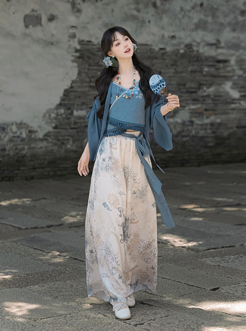 Chinoiserie Zen Tibetan Style Modified Hanfu Blue Camisole Song Pants Coat With Pull-Up Sleeves Necklace Set