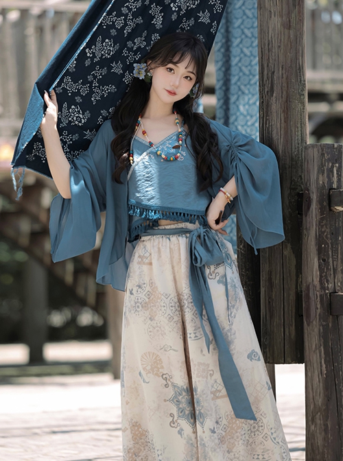 Chinoiserie Zen Tibetan Style Modified Hanfu Blue Camisole Song Pants Coat With Pull-Up Sleeves Necklace Set