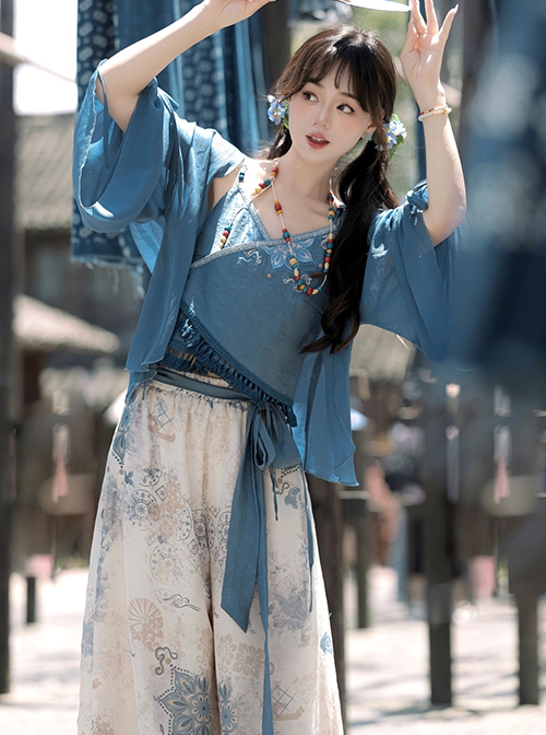 Chinoiserie Zen Tibetan Style Modified Hanfu Blue Camisole Song Pants Coat With Pull-Up Sleeves Necklace Set