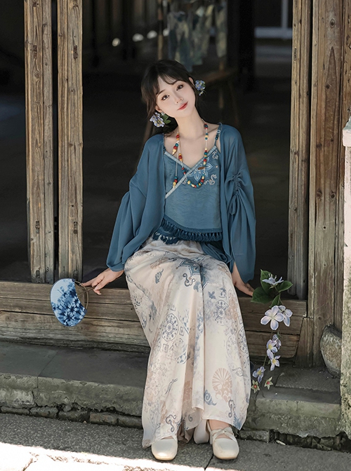 Chinoiserie Zen Tibetan Style Modified Hanfu Blue Camisole Song Pants Coat With Pull-Up Sleeves Necklace Set