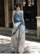 Chinoiserie Zen Tibetan Style Modified Hanfu Blue Camisole Song Pants Coat With Pull-Up Sleeves Necklace Set