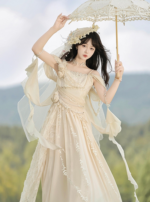 Greek Goddess Murtha Apricot 3D Flower Holy Fairy Lace Tassel Classic Lolita Sleeveless Dress