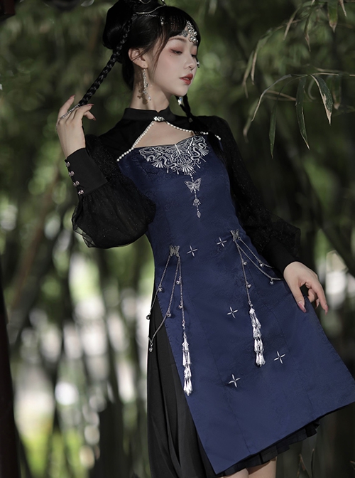 Butterfly Dream Series Chinoiserie Miao Nationality Silver Jewelry Daily Elegant Improved Hanfu Blue Long Sleeve Dress