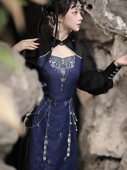 Butterfly Dream Series Chinoiserie Miao Nationality Silver Jewelry Daily Elegant Improved Hanfu Blue Long Sleeve Dress