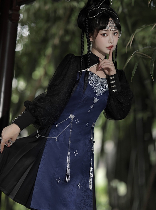 Butterfly Dream Series Chinoiserie Miao Nationality Silver Jewelry Daily Elegant Improved Hanfu Blue Long Sleeve Dress