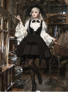 Dawn Witch Series Retro College Style Elegant Gothic Lolita Gorgeous Ruffles Sleeve Shirt Sundress Cross Wizard Hat Set