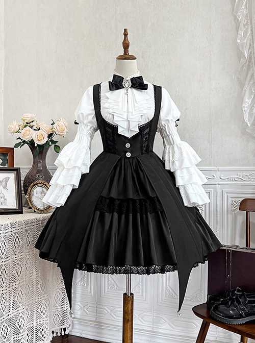 Dawn Witch Series Retro College Style Elegant Gothic Lolita Gorgeous Ruffles Sleeve Shirt Sundress Cross Wizard Hat Set