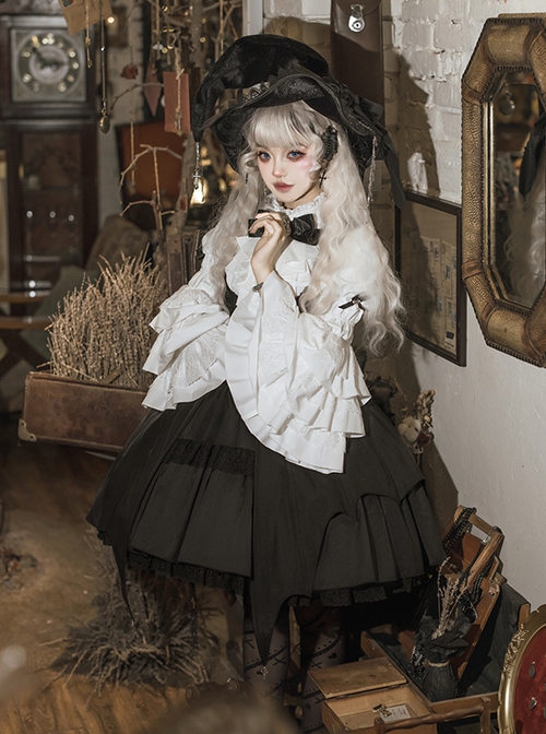 Dawn Witch Series Retro College Style Elegant Gothic Lolita Gorgeous Ruffles Sleeve Shirt Sundress Cross Wizard Hat Set