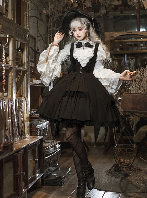 Dawn Witch Series Retro College Style Elegant Gothic Lolita Gorgeous Ruffles Sleeve Shirt Sundress Cross Wizard Hat Set