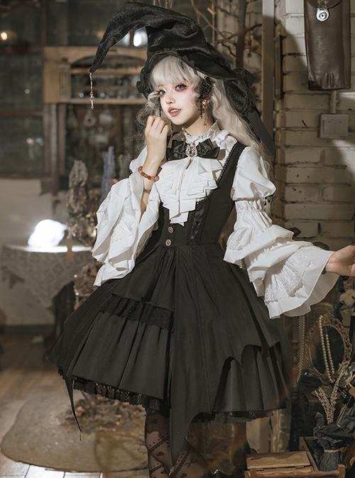 Dawn Witch Series Retro College Style Elegant Gothic Lolita Gorgeous Ruffles Sleeve Shirt Sundress Cross Wizard Hat Set