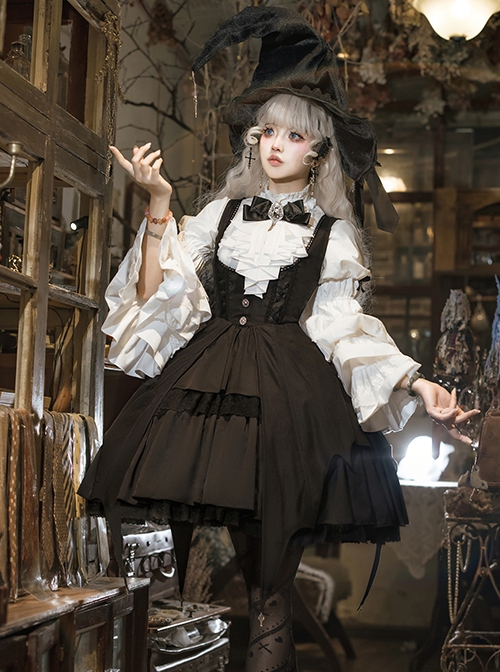 Dawn Witch Series Retro College Style Elegant Gothic Lolita Gorgeous Ruffles Sleeve Shirt Sundress Cross Wizard Hat Set