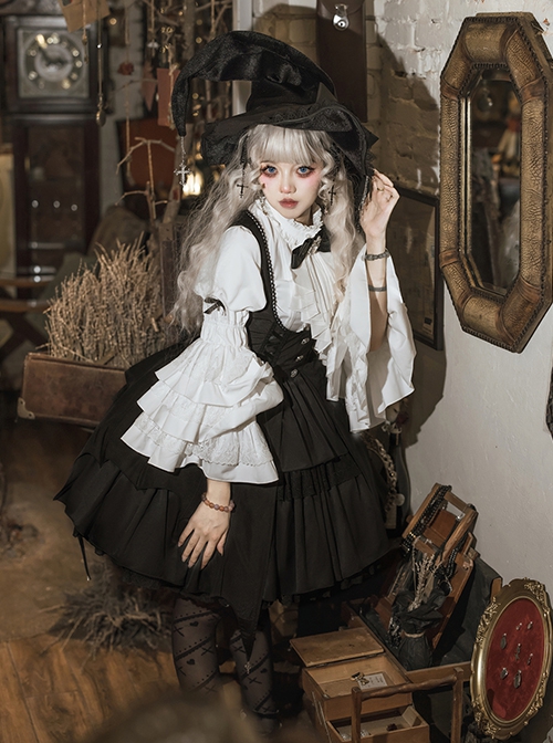 Dawn Witch Series Retro College Style Elegant Gothic Lolita Gorgeous Ruffles Sleeve Shirt Sundress Cross Wizard Hat Set