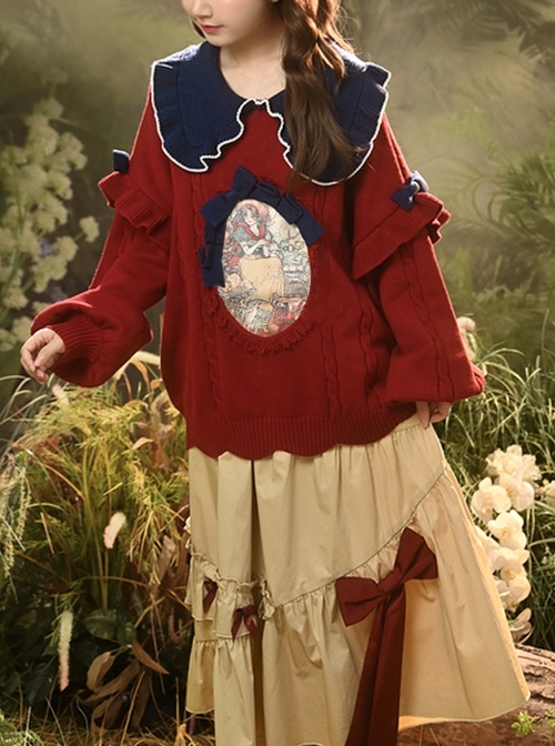 Snow White Autumn Winter Fairy Tale Style Kawaii Fashion Red Doll Collar Lantern Sleeves Pullover Sweater