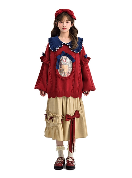 Snow White Autumn Winter Fairy Tale Style Kawaii Fashion Red Doll Collar Lantern Sleeves Pullover Sweater