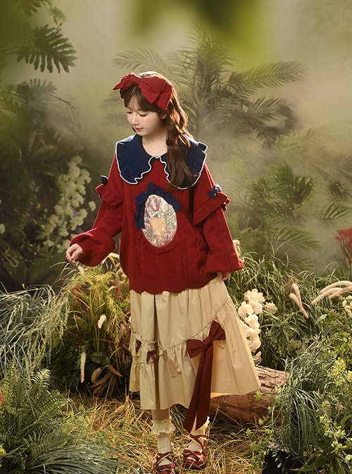 Snow White Autumn Winter Fairy Tale Style Kawaii Fashion Red Doll Collar Lantern Sleeves Pullover Sweater