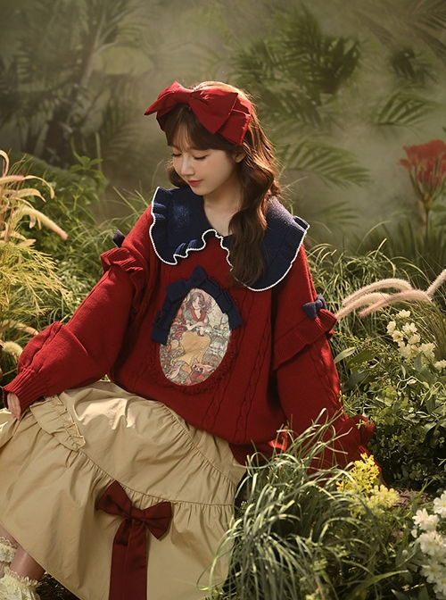 Snow White Autumn Winter Fairy Tale Style Kawaii Fashion Red Doll Collar Lantern Sleeves Pullover Sweater