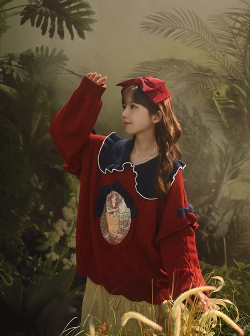 Snow White Autumn Winter Fairy Tale Style Kawaii Fashion Red Doll Collar Lantern Sleeves Pullover Sweater