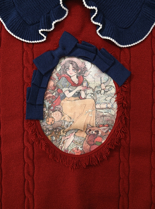 Snow White Autumn Winter Fairy Tale Style Kawaii Fashion Red Doll Collar Lantern Sleeves Pullover Sweater