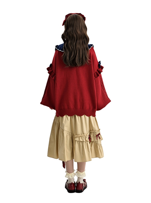 Snow White Autumn Winter Fairy Tale Style Kawaii Fashion Red Doll Collar Lantern Sleeves Pullover Sweater