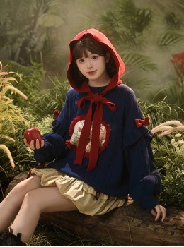 Fall Winter Navy Blue Fairy Tale Style Cute Cartoon Illustration Kawaii Fashion Lantern Sleeves Hooded Sweater