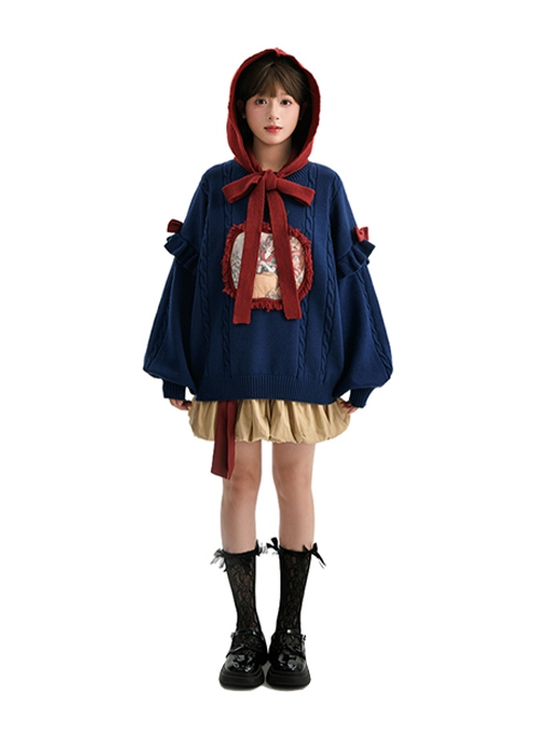 Fall Winter Navy Blue Fairy Tale Style Cute Cartoon Illustration Kawaii Fashion Lantern Sleeves Hooded Sweater