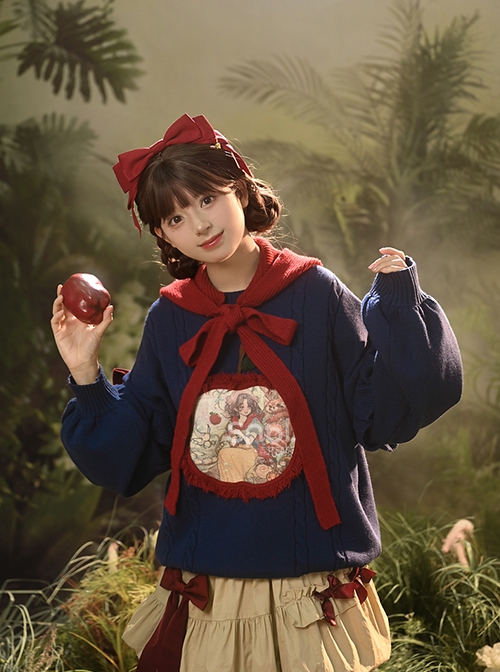 Fall Winter Navy Blue Fairy Tale Style Cute Cartoon Illustration Kawaii Fashion Lantern Sleeves Hooded Sweater