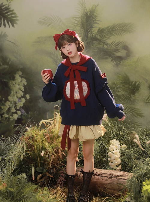 Fall Winter Navy Blue Fairy Tale Style Cute Cartoon Illustration Kawaii Fashion Lantern Sleeves Hooded Sweater