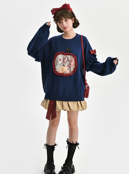 Fall Winter Navy Blue Fairy Tale Style Cute Cartoon Illustration Kawaii Fashion Lantern Sleeves Hooded Sweater