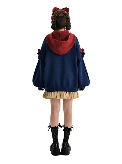 Fall Winter Navy Blue Fairy Tale Style Cute Cartoon Illustration Kawaii Fashion Lantern Sleeves Hooded Sweater