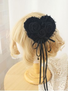 Tassel Lace 3D Rose Ribbon Bowknot Elegant Retro Gothic Lolita Black Heart Hanamaru Hairpin