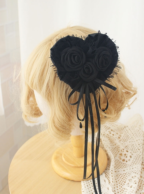 Tassel Lace 3D Rose Ribbon Bowknot Elegant Retro Gothic Lolita Black Heart Hanamaru Hairpin