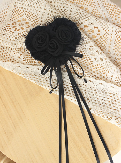 Tassel Lace 3D Rose Ribbon Bowknot Elegant Retro Gothic Lolita Black Heart Hanamaru Hairpin