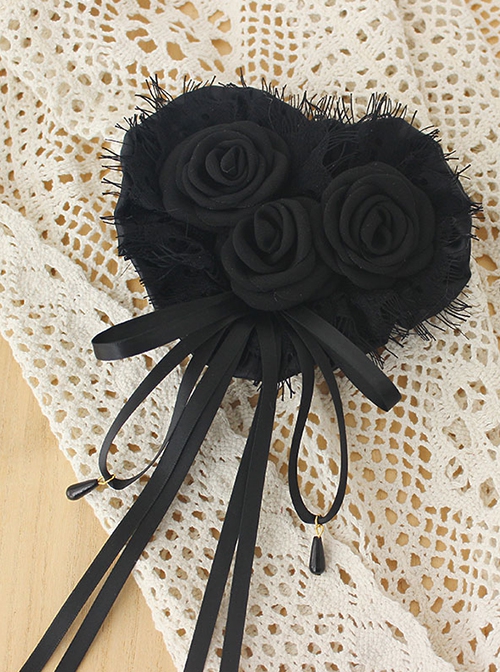 Tassel Lace 3D Rose Ribbon Bowknot Elegant Retro Gothic Lolita Black Heart Hanamaru Hairpin