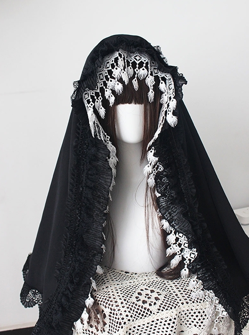 Holy Elegant Dark Nun Halloween Cosplay Gorgeous Lace Tassel Gothic Lolita Kerchief Headdress