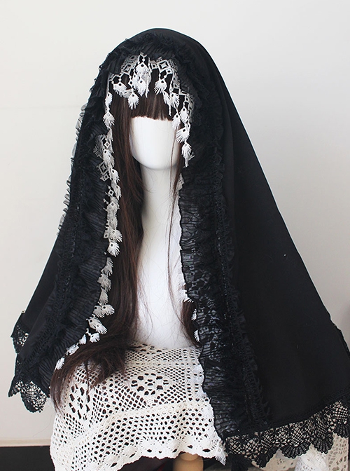 Holy Elegant Dark Nun Halloween Cosplay Gorgeous Lace Tassel Gothic Lolita Kerchief Headdress