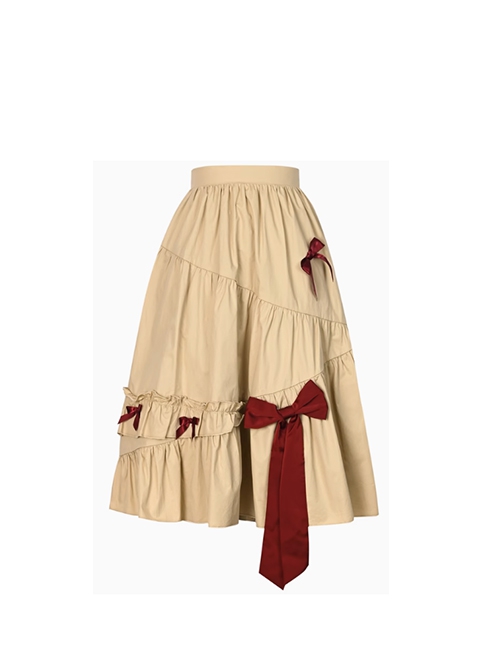 Retro Fairy Tale Style Asymmetry Ruffles Bowknot Casual Loose Kawaii Fashion Khaki Long Skirt