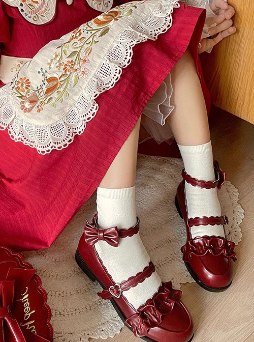 Merulu Series Ruffle Decoration Cute Lace Shoelaces Bowknot Sweet Lolita Mary Jane Low Heel Shoes