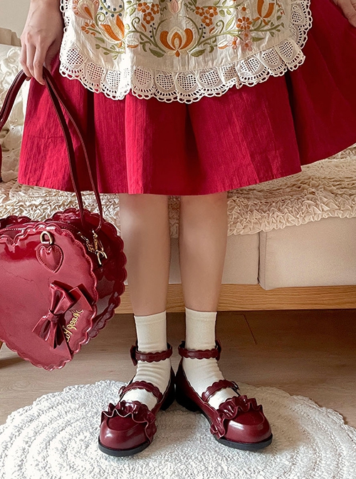 Merulu Series Ruffle Decoration Cute Lace Shoelaces Bowknot Sweet Lolita Mary Jane Low Heel Shoes