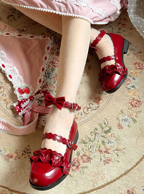 Merulu Series Ruffle Decoration Cute Lace Shoelaces Bowknot Sweet Lolita Mary Jane Low Heel Shoes