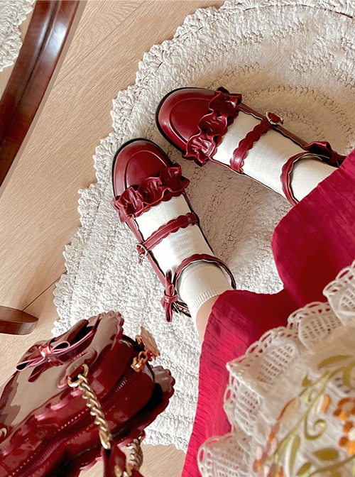 Merulu Series Ruffle Decoration Cute Lace Shoelaces Bowknot Sweet Lolita Mary Jane Low Heel Shoes