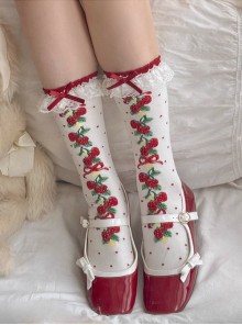 Fairy Tale Style Strawberry Print Ruffles Lace Ribbon Bowknot Polka Dots Sweet Lolita Short Socks