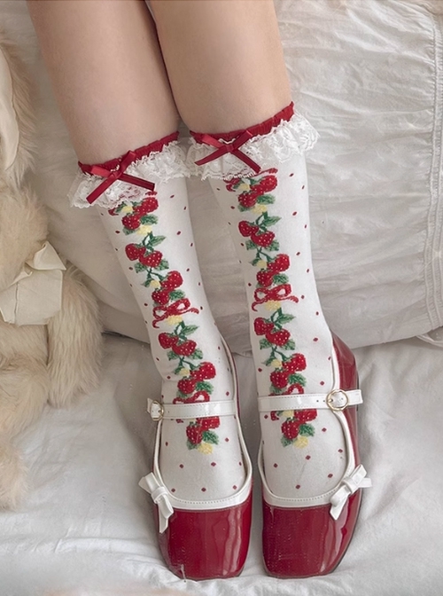 Fairy Tale Style Strawberry Print Ruffles Lace Ribbon Bowknot Polka Dots Sweet Lolita Short Socks