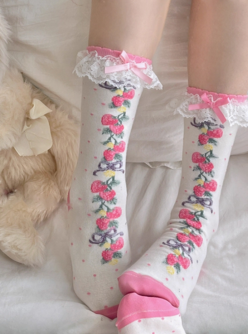 Fairy Tale Style Strawberry Print Ruffles Lace Ribbon Bowknot Polka Dots Sweet Lolita Short Socks